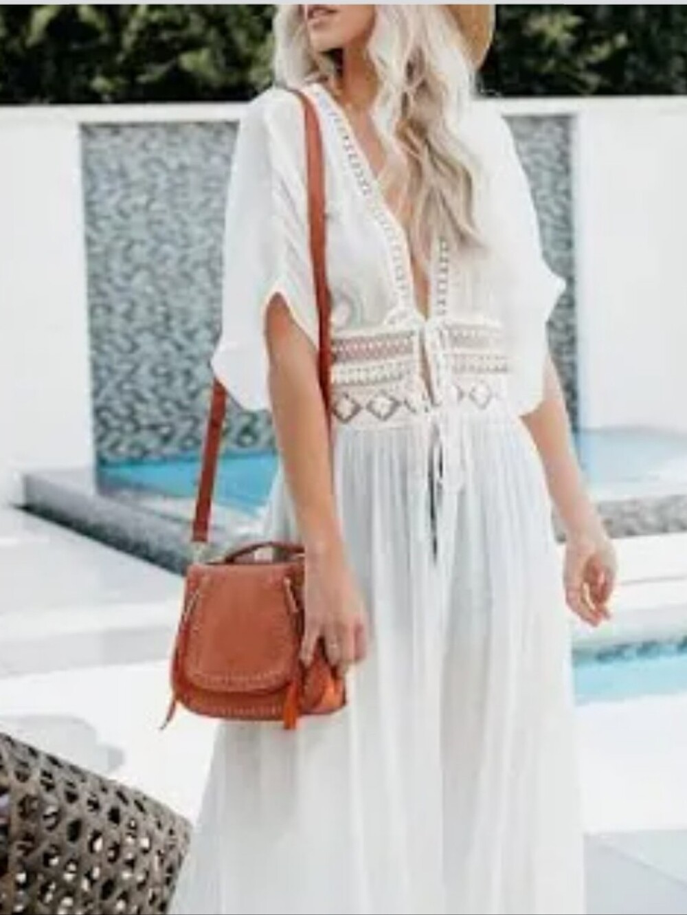Crochet Feminine Sexy Beach Cover-up Robe White Cotton Blend 4X-5X